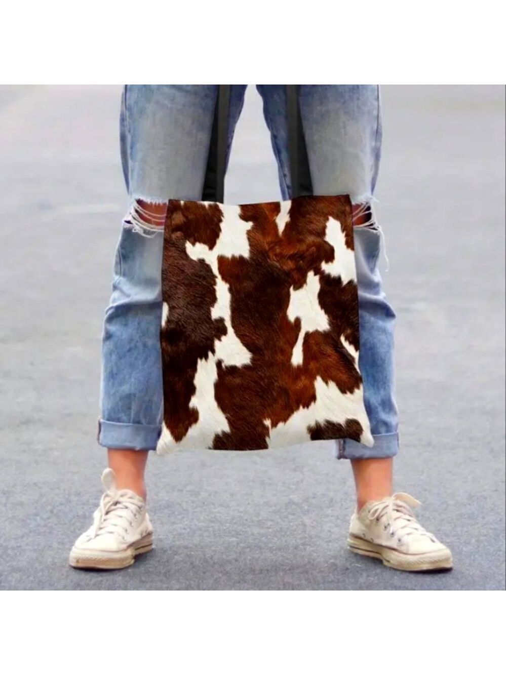1pc Chic Cow Print Tote Bag with Black Handles Lightweight Shopping Bag
